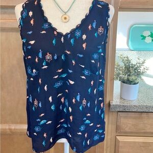 Maeve Anthropologie Chic Navy Sleeveless Top with Turtle Design